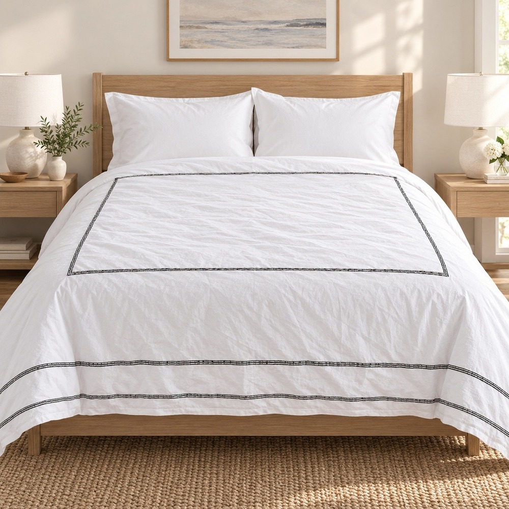 Hotel Collection Duvet Cover Queen White Black Ribbon Trim 100% Cotton Modern